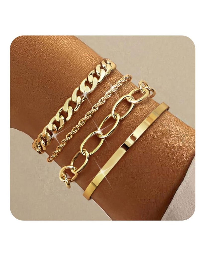 Chunky Gold Bracelets for Women, Waterproof Non-Tarnish 4-Pcs Stackable Bracelet Set, Cuban Paperclip Snake Link Chain Bracelet - Image 1
