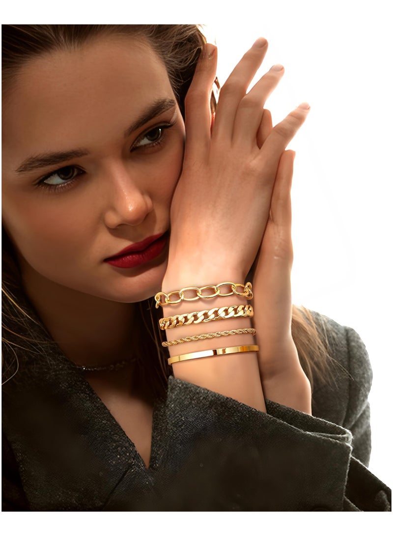 Chunky Gold Bracelets for Women, Waterproof Non-Tarnish 4-Pcs Stackable Bracelet Set, Cuban Paperclip Snake Link Chain Bracelet - Image 4