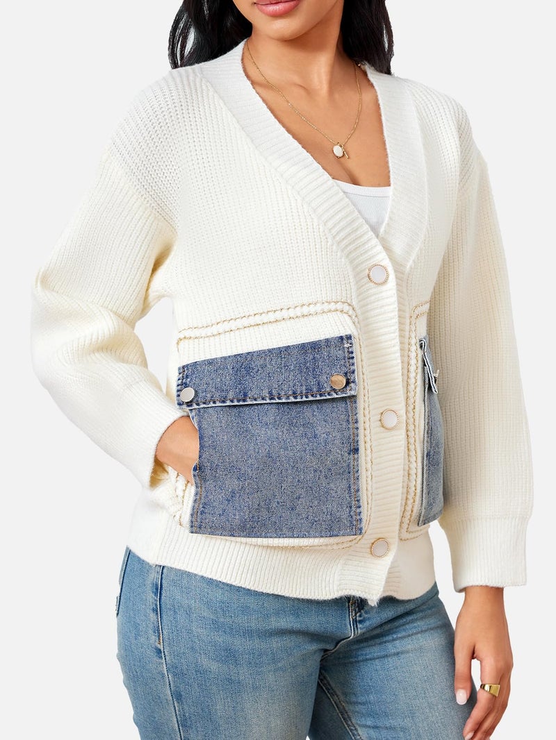HOULENGS Women's Casual Open Front Patchwork Cardigan Sweaters Button Down V Neck Knit Sweater Jacket with Denim Pockets Beige Small - Image 5
