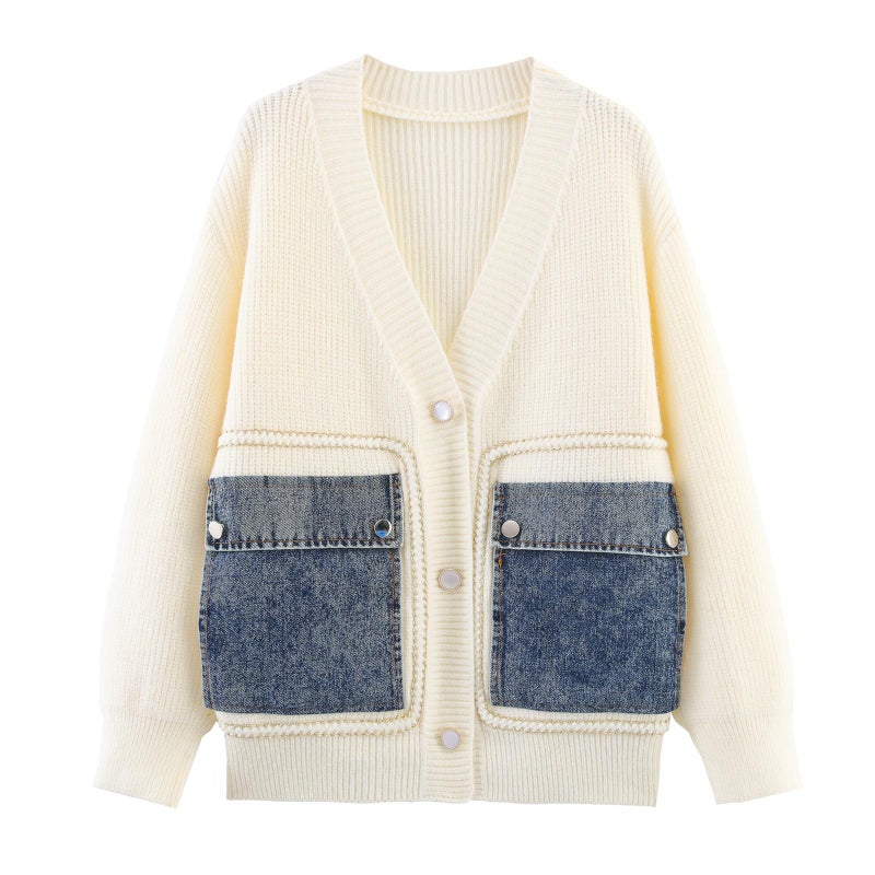 HOULENGS Women's Casual Open Front Patchwork Cardigan Sweaters Button Down V Neck Knit Sweater Jacket with Denim Pockets Beige Small - Image 1