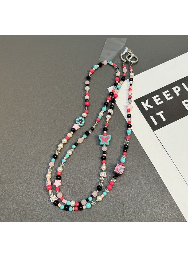 NIBEMINENT Beaded Phone Lanyard, Anti Lost Removable Wrist Strap,Butterfly Heart Dopamine Bracelet Pendant, Phone Keychain Lanyard 
