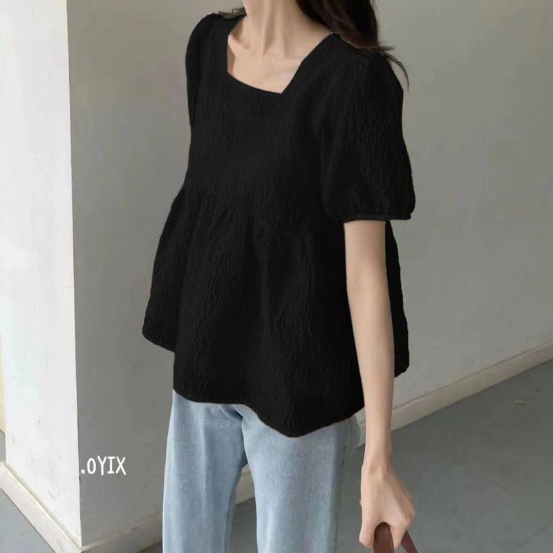 Square Neck Puff Sleeve Shirt Women'S Summer Flesh-Covering Short-Sleeved Top French Texture Baby Doll Shirt - Image 3