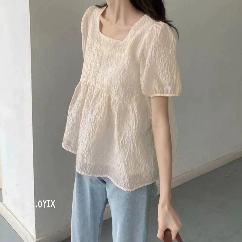 Square Neck Puff Sleeve Shirt Women'S Summer Flesh-Covering Short-Sleeved Top French Texture Baby Doll Shirt - Image 4