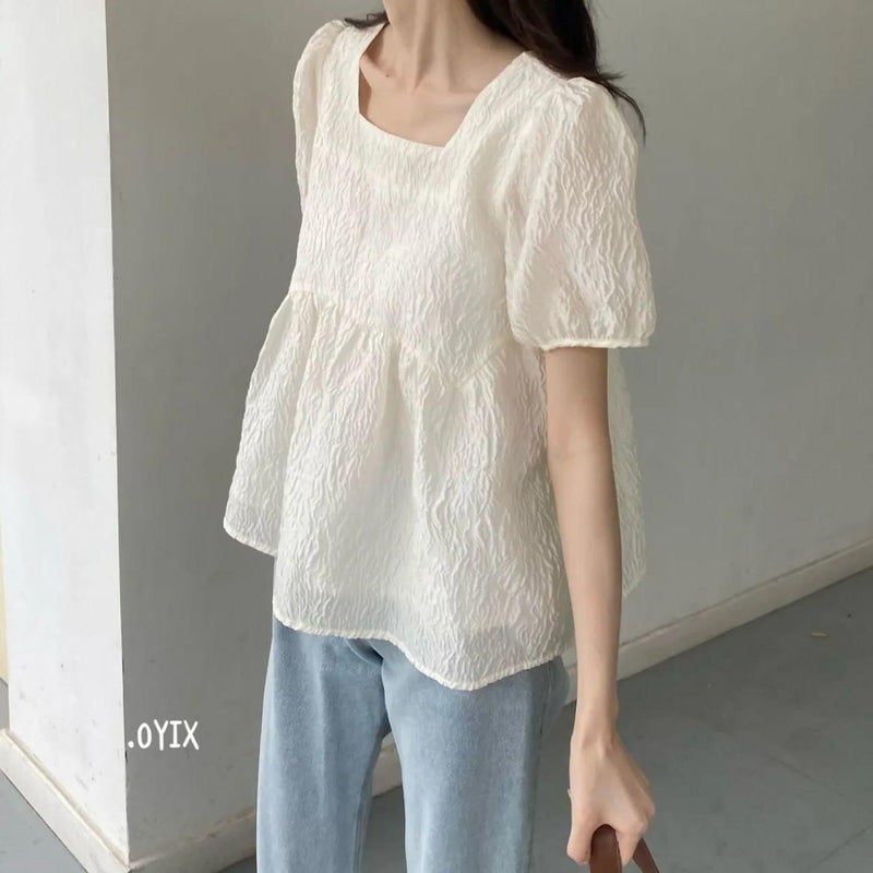 Square Neck Puff Sleeve Shirt Women'S Summer Flesh-Covering Short-Sleeved Top French Texture Baby Doll Shirt - Image 2