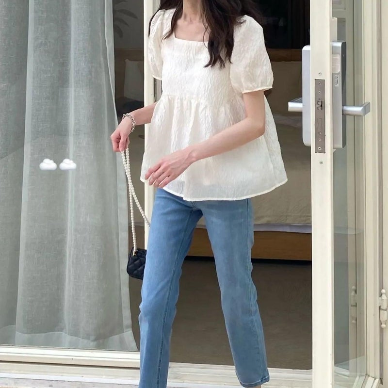 Square Neck Puff Sleeve Shirt Women'S Summer Flesh-Covering Short-Sleeved Top French Texture Baby Doll Shirt - Image 5
