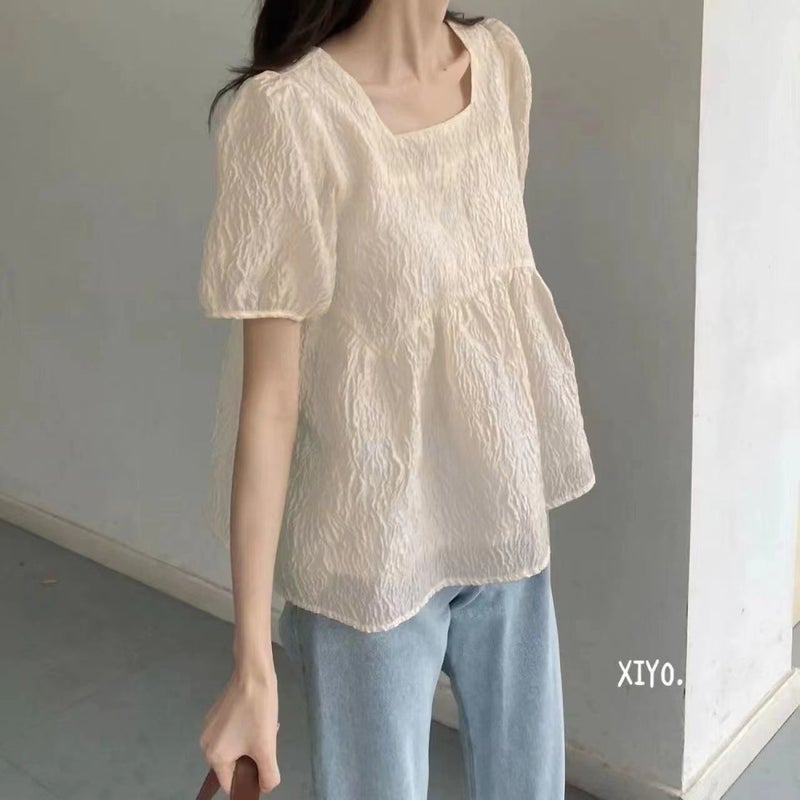 Square Neck Puff Sleeve Shirt Women'S Summer Flesh-Covering Short-Sleeved Top French Texture Baby Doll Shirt - Image 1