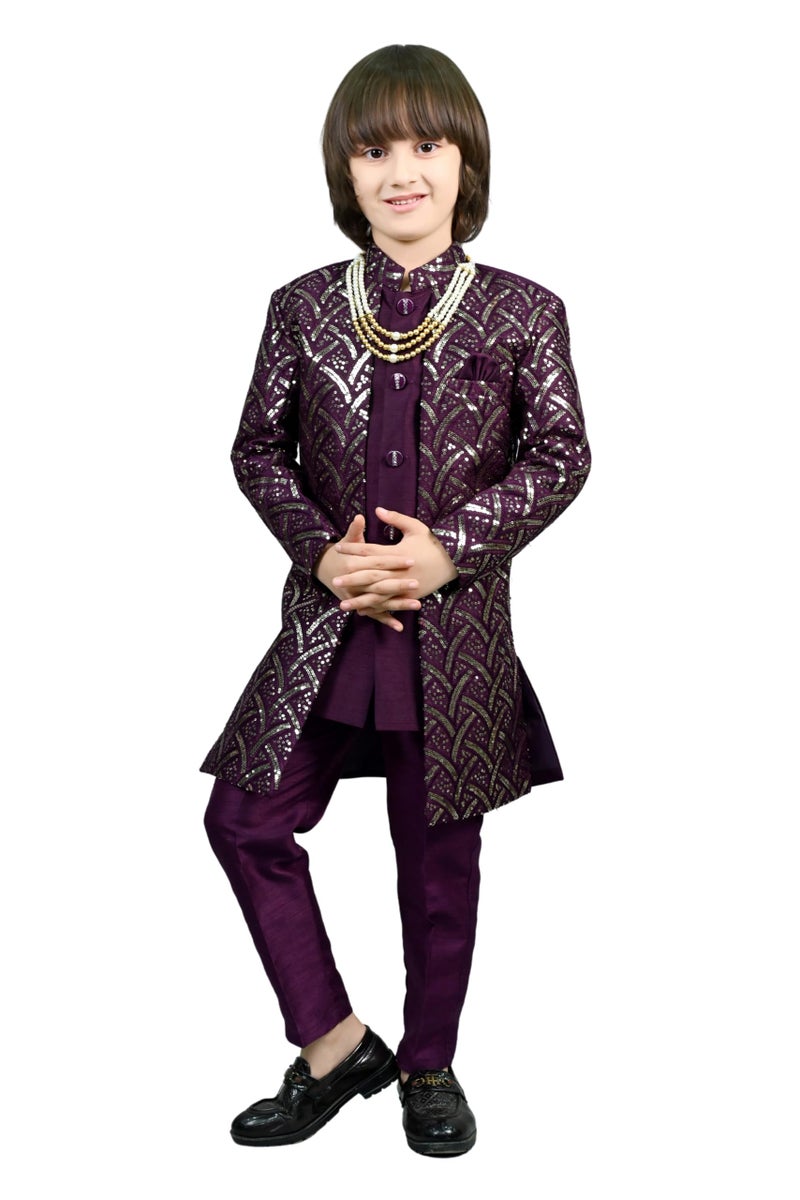 AHHAAAA Royal Prince Sequin Embroidered Silk Blend Sherwani for Boys | Wedding & Festival Ethnic Wear ||Wine, 9-10 Years| - Image 1