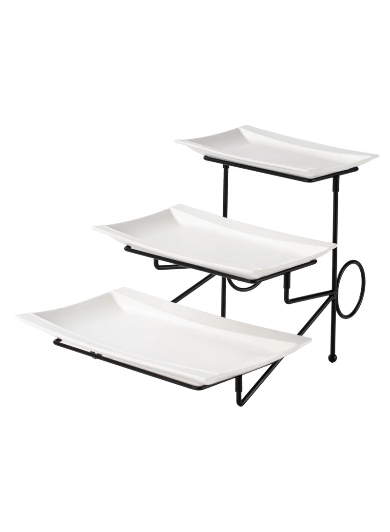 Shallow Shallow Elegant Porcelain 3 Tier White Plate with Black Stand