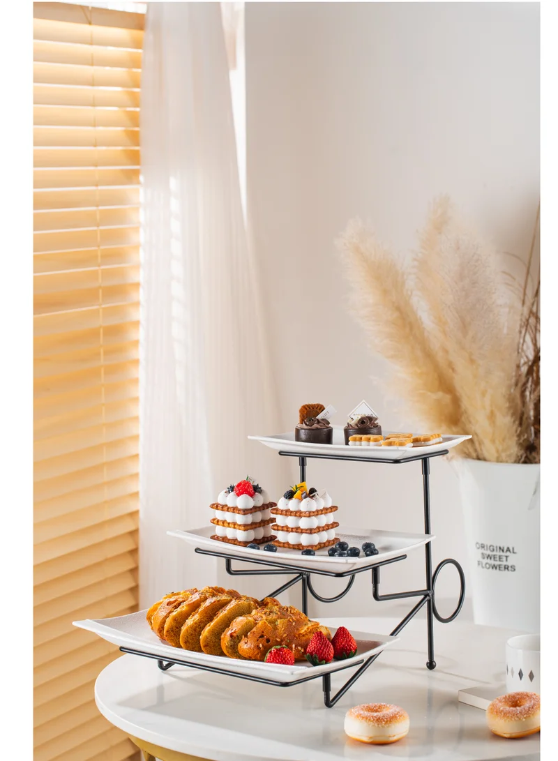 Shallow Shallow Elegant Porcelain 3 Tier White Plate with Black Stand