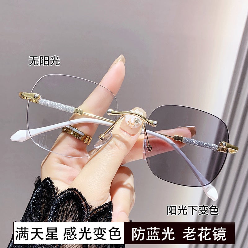 Pochromic Anti-Blue Light Reading Glasses For Men, Style, Pure Desire, Gypsophila, Rimless, Plain Face, Large Frame, Women'S Reading Glasses - Image 2