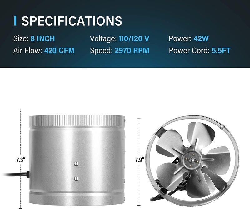 I-Power GLFANXBOOSTER8-a 8 Inch 420 CFM Inline Duct Vent Blower Booster Fan for HVAC Exhaust and Intake 5.5' Grounded Power Cord, Low Noise, 8" - Image 4