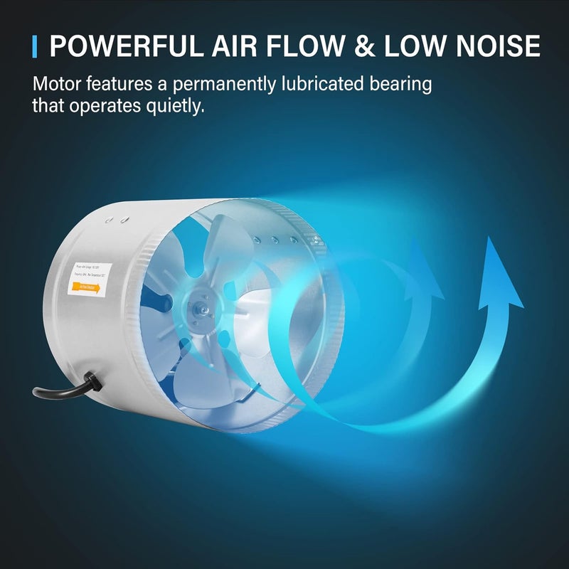 I-Power GLFANXBOOSTER8-a 8 Inch 420 CFM Inline Duct Vent Blower Booster Fan for HVAC Exhaust and Intake 5.5' Grounded Power Cord, Low Noise, 8" - Image 2