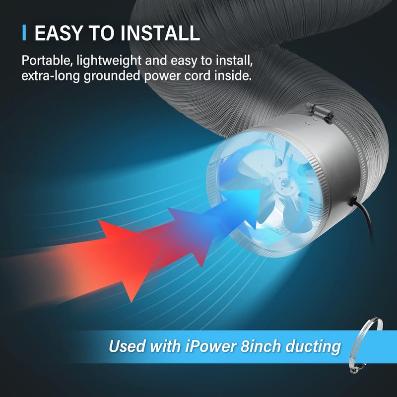 I-Power GLFANXBOOSTER8-a 8 Inch 420 CFM Inline Duct Vent Blower Booster Fan for HVAC Exhaust and Intake 5.5' Grounded Power Cord, Low Noise, 8" - Image 3