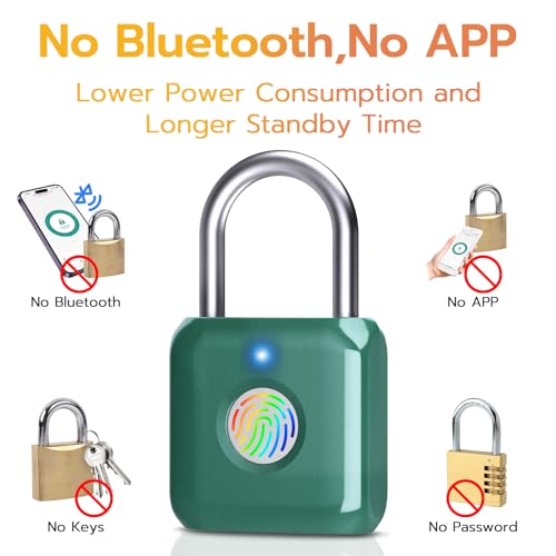 Pothunder Fingerprint Padlock, Smart Metal Keyless Fingerprint Lock, Waterproof, USB Rechargeable, for Gym, School, Luggage, Backpack, Suitcase, Green - Image 4