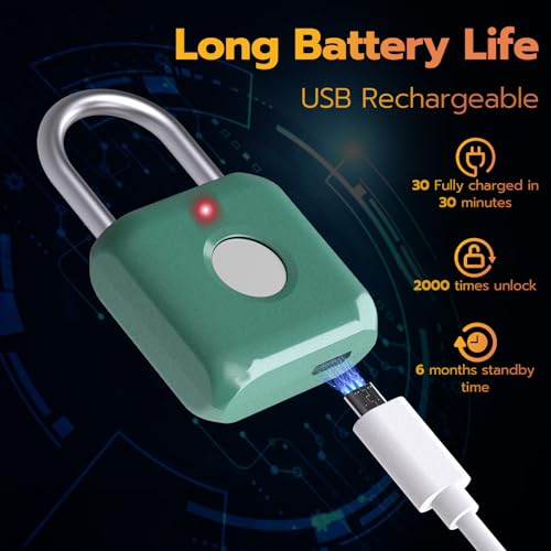 Pothunder Fingerprint Padlock, Smart Metal Keyless Fingerprint Lock, Waterproof, USB Rechargeable, for Gym, School, Luggage, Backpack, Suitcase, Green - Image 5