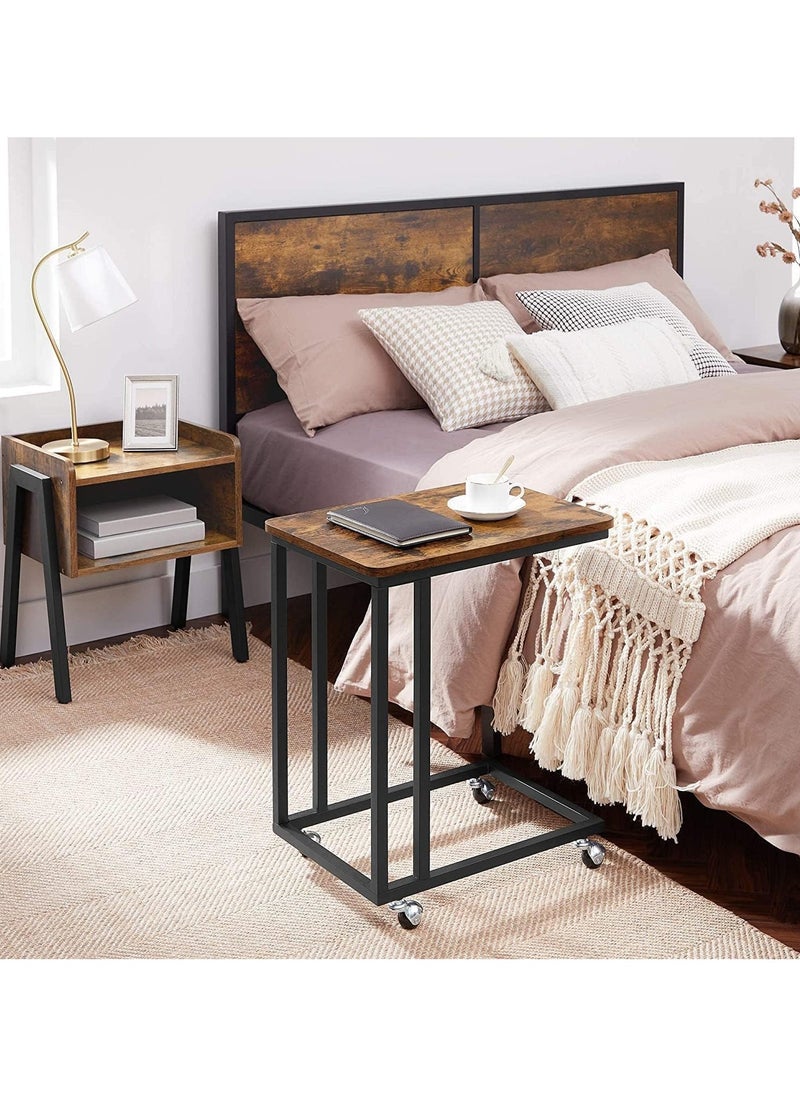 Chulovs - End Table, C Shaped TV Tray with Metal Frame Rolling Casters, Industrial Side Table for Living Room Bedroom,Rustic Brown and Black - Image 1