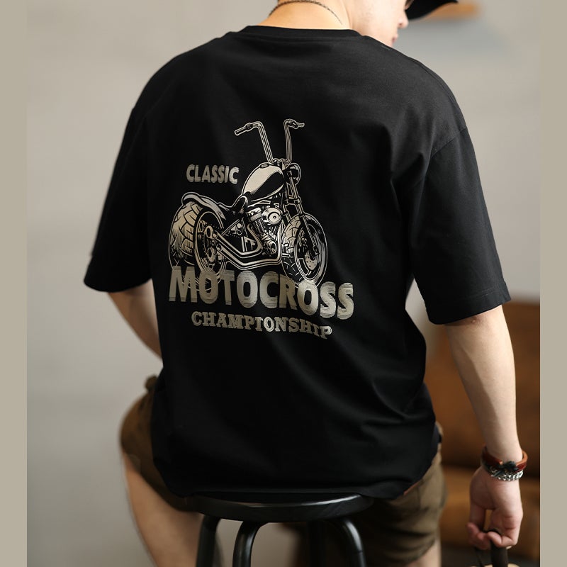 Trendy Brand Retro Motorcycle Printed Short-Sleeved T-Shirt Men'S Summer Loose Casual Heavy-Duty Round Neck Half-Sleeved T-Shirt - Image 2