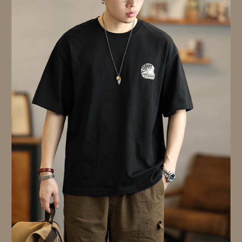 Trendy Brand Retro Motorcycle Printed Short-Sleeved T-Shirt Men'S Summer Loose Casual Heavy-Duty Round Neck Half-Sleeved T-Shirt - Image 3