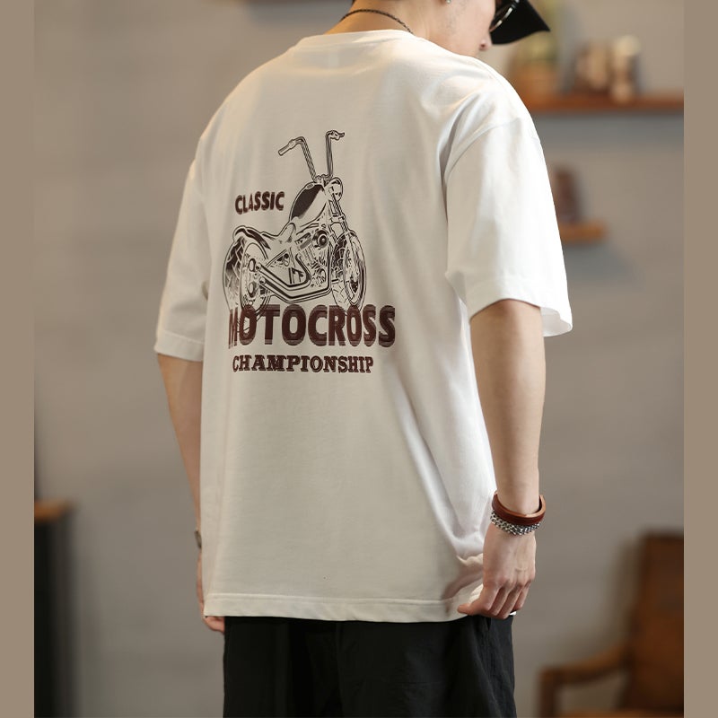 Trendy Brand Retro Motorcycle Printed Short-Sleeved T-Shirt Men'S Summer Loose Casual Heavy-Duty Round Neck Half-Sleeved T-Shirt - Image 1