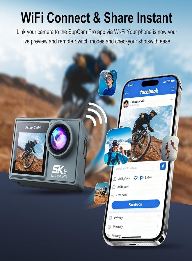 بيجاسو كاميرا رياضية بشاشة لمسية بدقة 5K مزودة بتقنية WiFi وشاشة LCD أمامية ونظام تثبيت الصورة الإلكتروني (EIS)، مقاومة للماء حتى عمق 100 قدم، بزاوية رؤية فائقة الاتساع 170 درجة، وتقريب بصري 5x، مع جهاز تحكم عن بعد بتردد 2.4 جيجا هرتز بمدى 15 مترًا، وبطاقة ذاكرة 32 جيجابايت (BG13). - Image 5