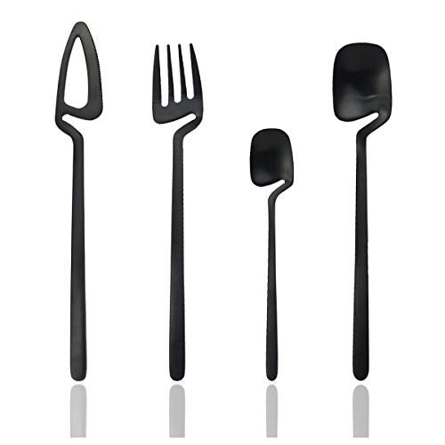 JASHII Hangable Silverware Set, Matte Black Flatware Cutlery Set Service for 2, Satin Finish 8 Piece Stainless Steel Utensils Set for Home and Restaurant, Dishwasher Safe(Black) - Image 1