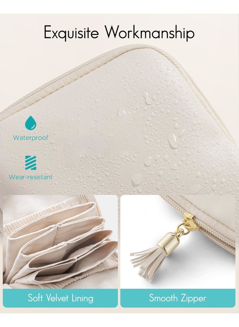 Barakah حافظة مجوهرات للسفر، حقيبة صغيرة من المخمل لتنظيم المجوهرات بسحاب، حقيبة تخزين محمولة للخواتم والأقراط والأساور والقلائد، حاملة مدمجة للنساء والفتيات، هدية سفر مثالية، أبيض كريمي - Image 3