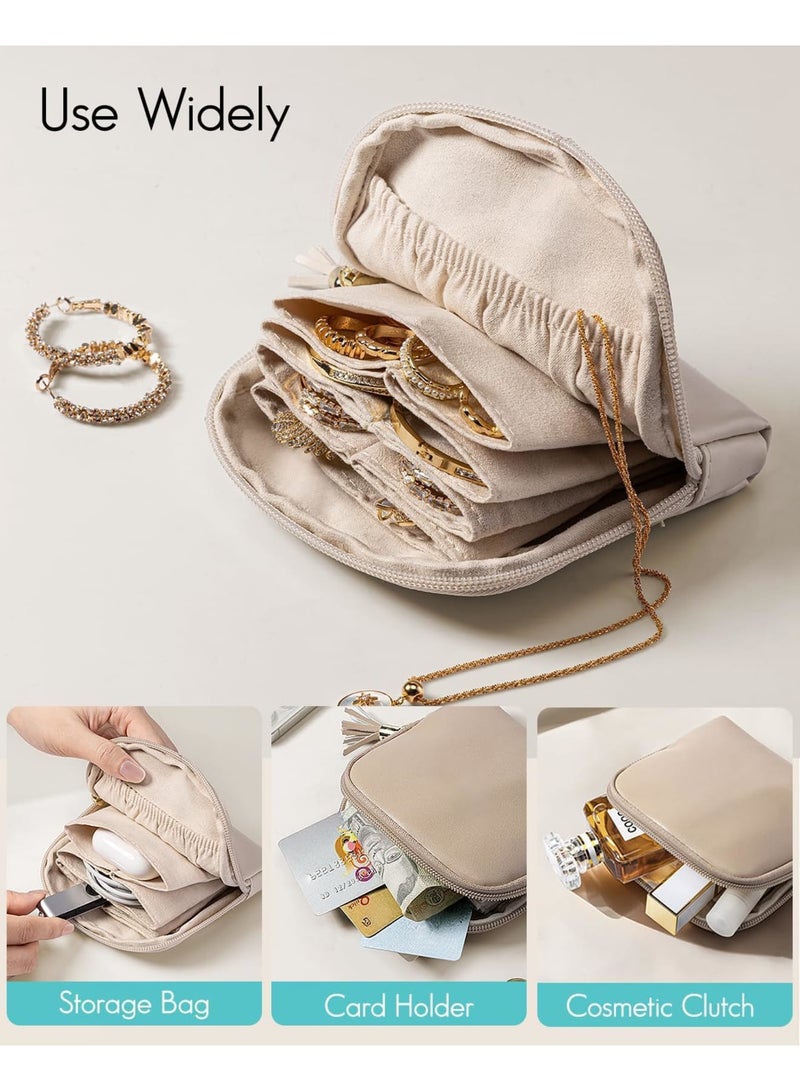 Barakah حافظة مجوهرات للسفر، حقيبة صغيرة من المخمل لتنظيم المجوهرات بسحاب، حقيبة تخزين محمولة للخواتم والأقراط والأساور والقلائد، حاملة مدمجة للنساء والفتيات، هدية سفر مثالية، أبيض كريمي - Image 4
