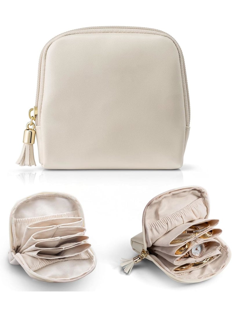 Barakah حافظة مجوهرات للسفر، حقيبة صغيرة من المخمل لتنظيم المجوهرات بسحاب، حقيبة تخزين محمولة للخواتم والأقراط والأساور والقلائد، حاملة مدمجة للنساء والفتيات، هدية سفر مثالية، أبيض كريمي - Image 1