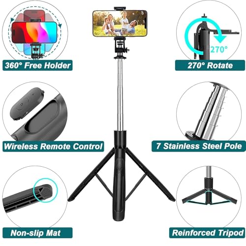 Blushinsta S15 Selfie Stick Tripod Stand 360 Degree, Extendable Upto 62 inch Long Selfie Stick with 6 Section Stable Base for Mobile/GoPro/Camera, Photoshoot Perfect for Vlogging & Meetings - Image 3