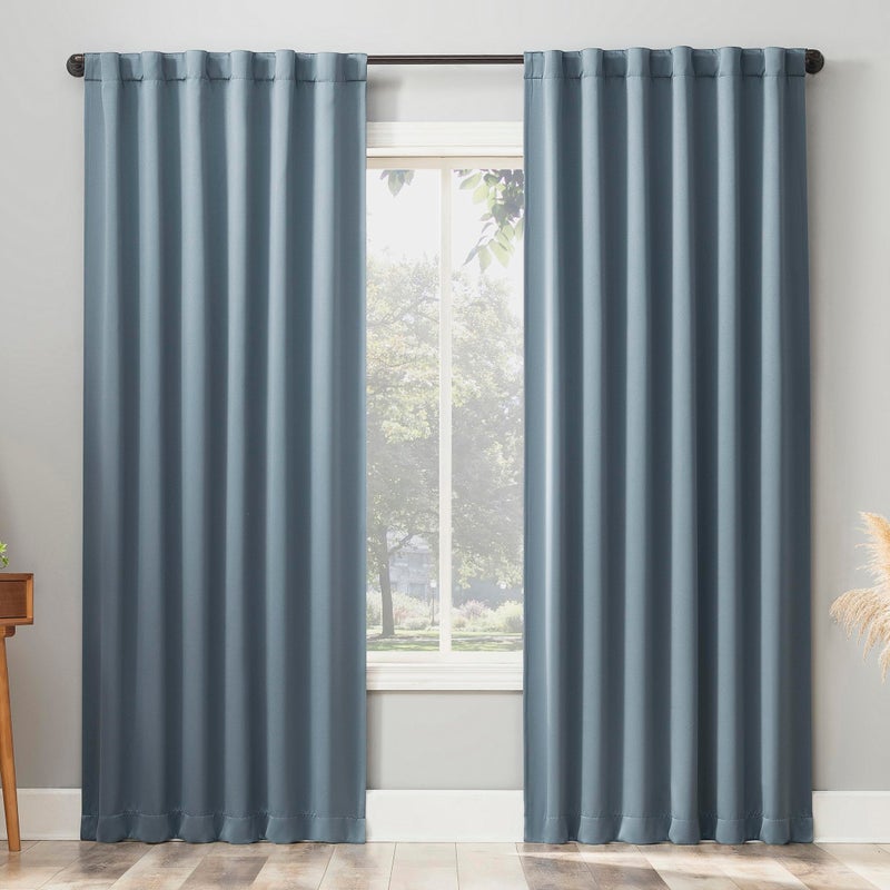 Sun Zero Belize 2-Pack Magnetic Closure Pleated Look Theater Grade 100% Total Blackout Back Tab Curtain Panel Pair, Denim Blue, 52" W x 84" L (2 Panels) - Image 1
