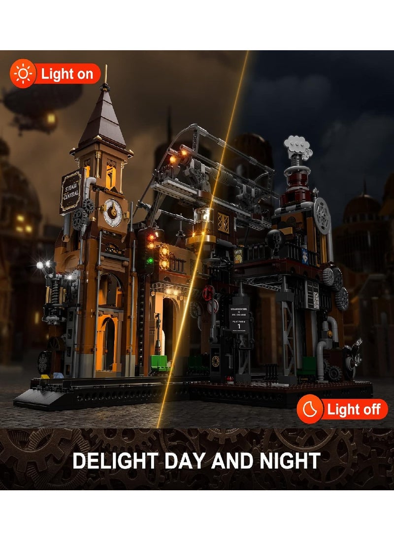 null - Steampunk Train Station Model Building Block Set 1843 Pcs With LED Lights For Teens And Adults - Image 1