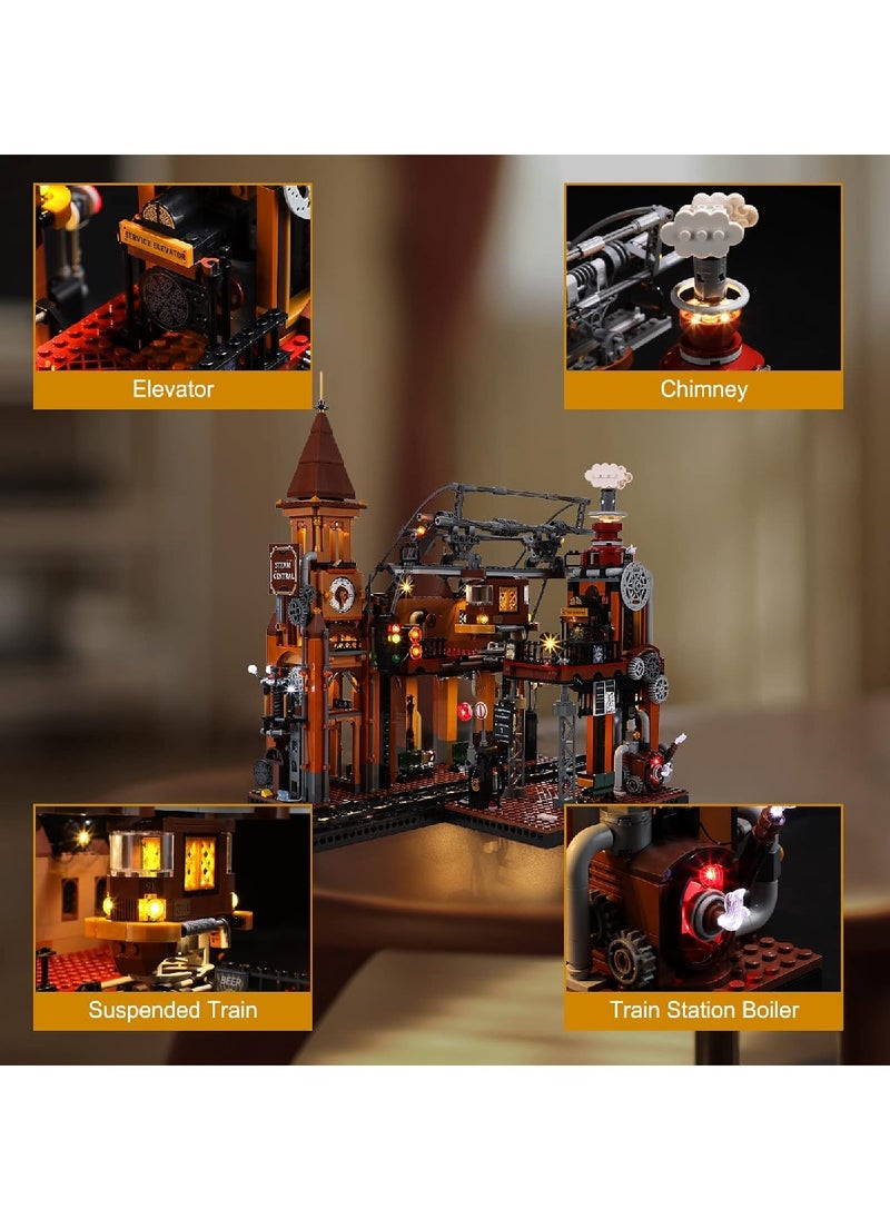 null - Steampunk Train Station Model Building Block Set 1843 Pcs With LED Lights For Teens And Adults - Image 1
