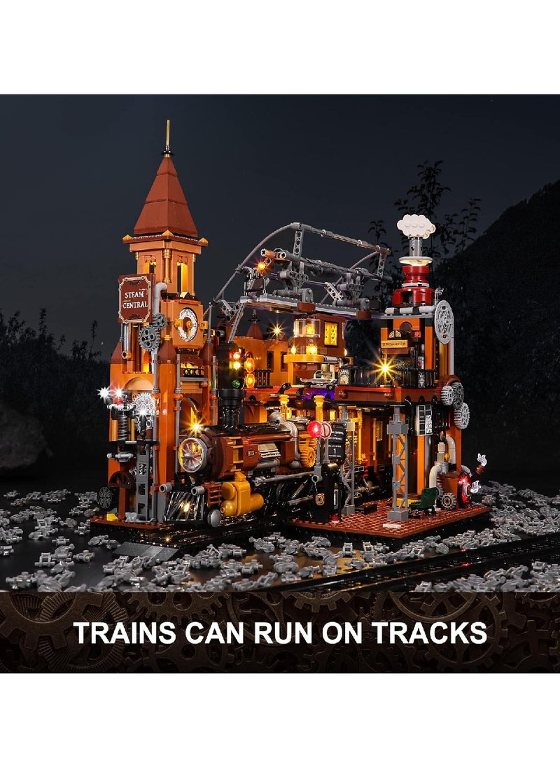 null - Steampunk Train Station Model Building Block Set 1843 Pcs With LED Lights For Teens And Adults - Image 1