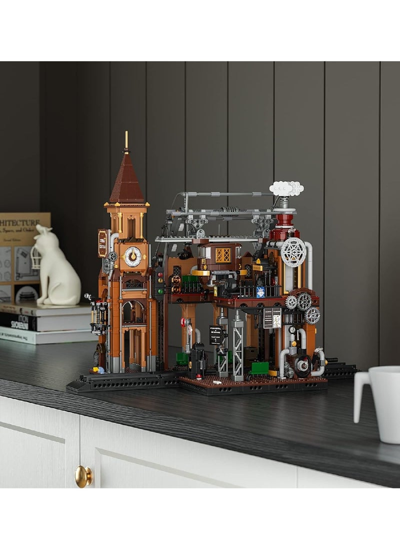 null - Steampunk Train Station Model Building Block Set 1843 Pcs With LED Lights For Teens And Adults - Image 1