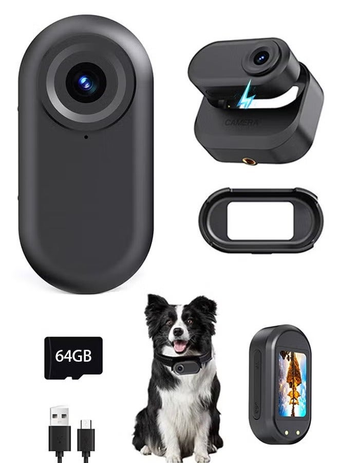 【With Pet Collar & 64GB Card】Thumb Action Camera, 80° FOV, Pocket-Sized with Magnetic Charging Case, Stabilization for Vlogging & Webcam, LED Display Playback - Image 1