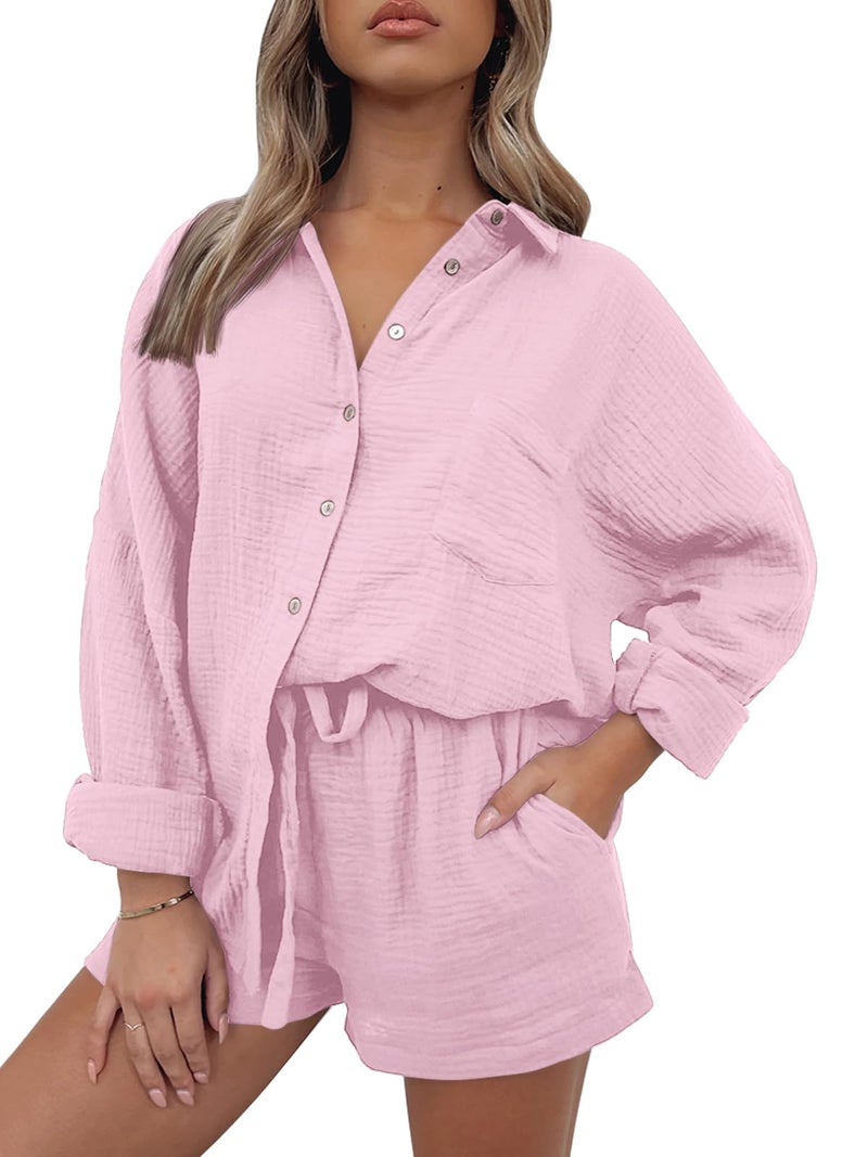 AUTOMET 2 Piece Sets For Women Lounge Wear Matching Two Piece Pajama Fashion Oversized Shirts And Shorts Spring Outfit 2026 01Pink M - Image 1