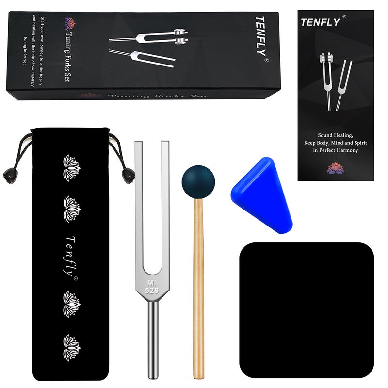TENFLY 528 Hz Tuning Fork for Healing, DNA Repair, Reliever Stress and Perfect Musical Instrument, Frequency of Love, Silver, with Black Rubber Mallet, Triangular Silicone and Velvet Storage Bag - Image 1