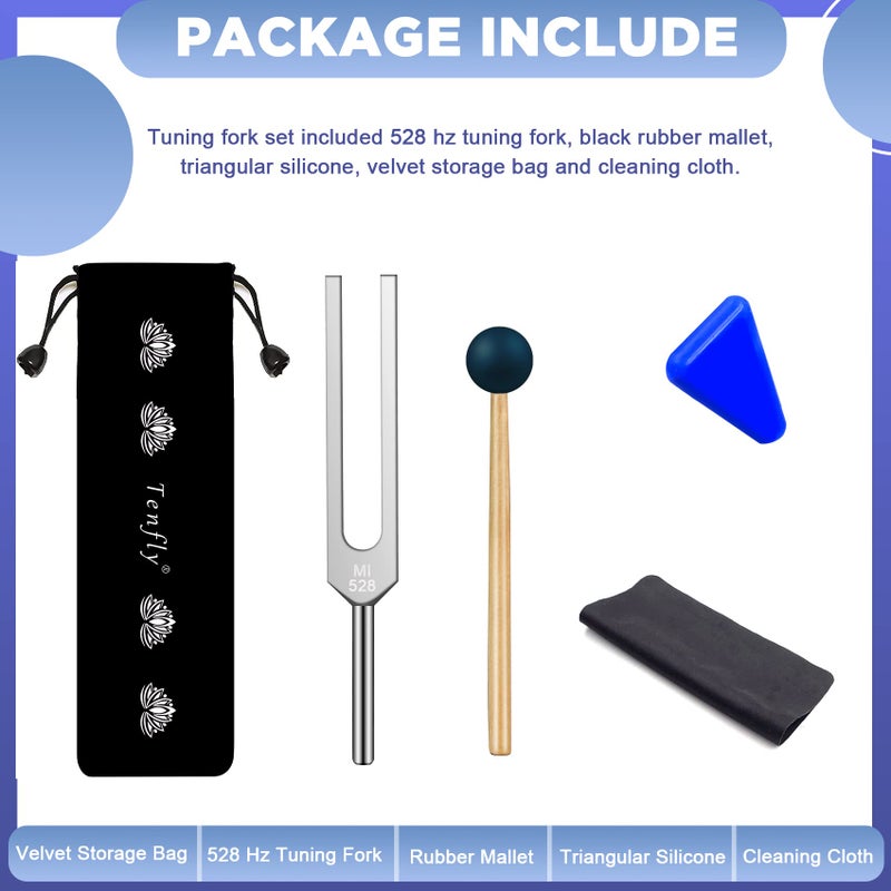 TENFLY 528 Hz Tuning Fork for Healing, DNA Repair, Reliever Stress and Perfect Musical Instrument, Frequency of Love, Silver, with Black Rubber Mallet, Triangular Silicone and Velvet Storage Bag - Image 3