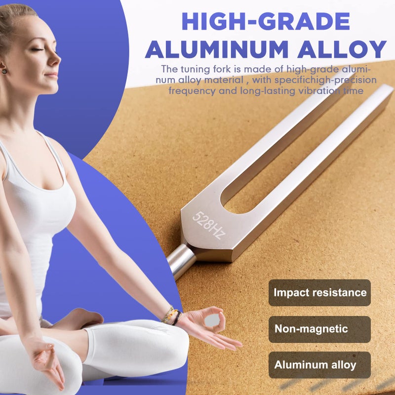 TENFLY 528 Hz Tuning Fork for Healing, DNA Repair, Reliever Stress and Perfect Musical Instrument, Frequency of Love, Silver, with Black Rubber Mallet, Triangular Silicone and Velvet Storage Bag - Image 5