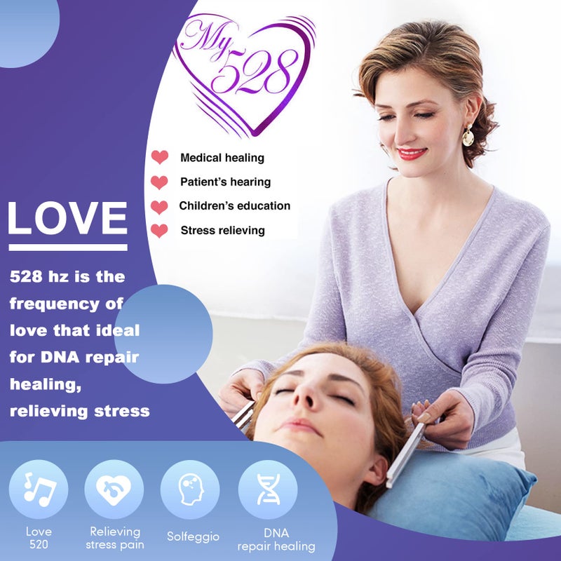 TENFLY 528 Hz Tuning Fork for Healing, DNA Repair, Reliever Stress and Perfect Musical Instrument, Frequency of Love, Silver, with Black Rubber Mallet, Triangular Silicone and Velvet Storage Bag - Image 4