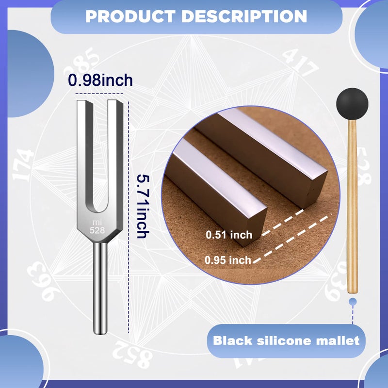 TENFLY 528 Hz Tuning Fork for Healing, DNA Repair, Reliever Stress and Perfect Musical Instrument, Frequency of Love, Silver, with Black Rubber Mallet, Triangular Silicone and Velvet Storage Bag - Image 2