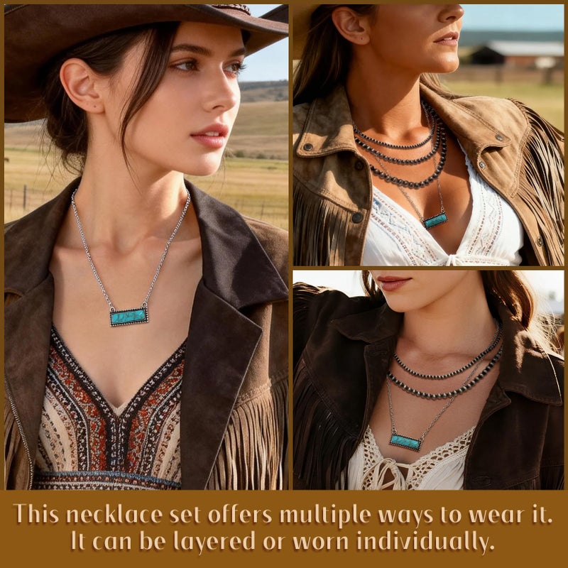 RechicGu 4pcs Western Navajo Pearl Stackble Necklace Jewelry For Women Beaded Chain Bow Pendant Boho Handmade Long Layered Country Concert Necklace Set,Turquoise Color Set - Image 3