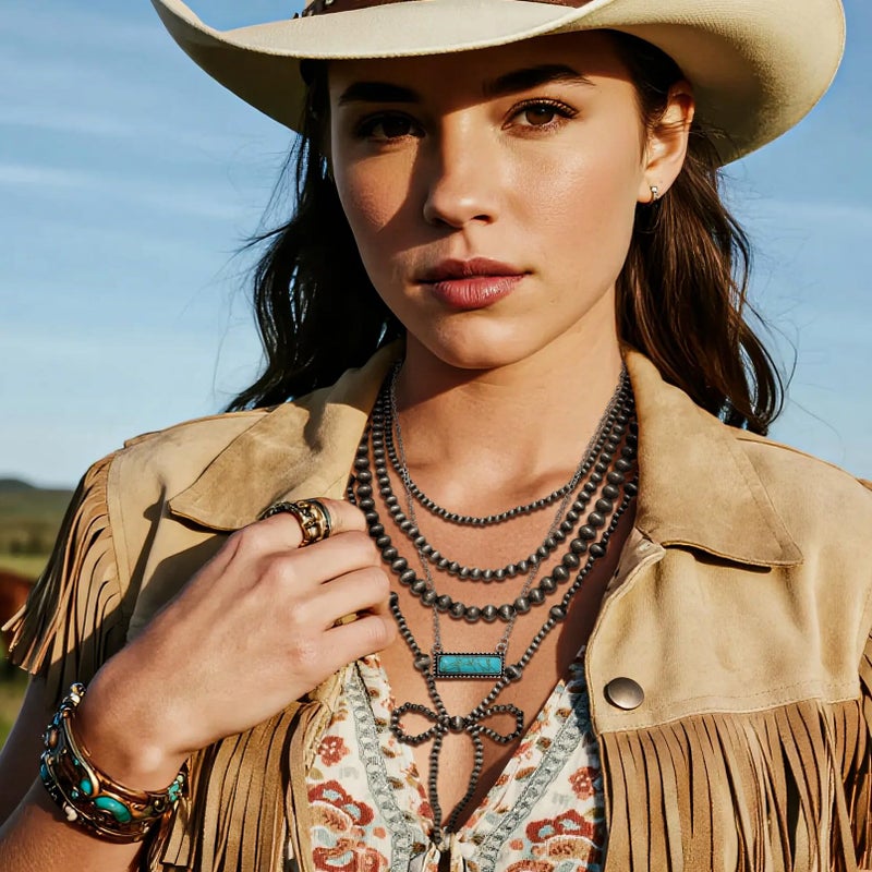 RechicGu 4pcs Western Navajo Pearl Stackble Necklace Jewelry For Women Beaded Chain Bow Pendant Boho Handmade Long Layered Country Concert Necklace Set,Turquoise Color Set - Image 2