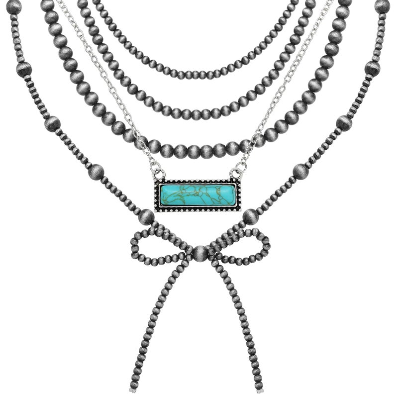 RechicGu 4pcs Western Navajo Pearl Stackble Necklace Jewelry For Women Beaded Chain Bow Pendant Boho Handmade Long Layered Country Concert Necklace Set,Turquoise Color Set - Image 1