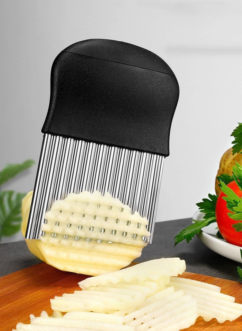 موندا أداة تقطيع مموجة متعددة الوظائف، مفرمة مموجة من الفولاذ المقاوم للصدأ، أداة مطبخ مساعدة، قطاعة بطاطس مقلية، أداة تقطيع آمنة، أداة مطبخ أساسية لتحضير الطعام في المطبخ المنزلي، سهلة الاستخدام، أداة تقطيع متينة، لون أسود - Image 1