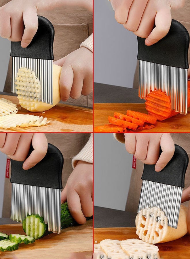 موندا أداة تقطيع مموجة متعددة الوظائف، مفرمة مموجة من الفولاذ المقاوم للصدأ، أداة مطبخ مساعدة، قطاعة بطاطس مقلية، أداة تقطيع آمنة، أداة مطبخ أساسية لتحضير الطعام في المطبخ المنزلي، سهلة الاستخدام، أداة تقطيع متينة، لون أسود - Image 4