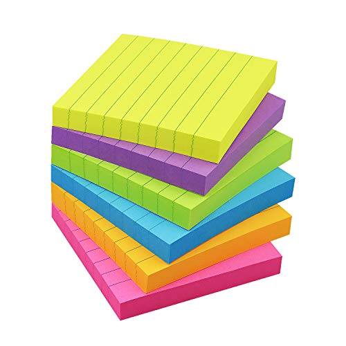 Eastern Wolf 6 Pads Lined Sticky Notes 3x3 Sticky Notes with Lines Self-Stick Note Pads 6 Bright Multi Colors,100 Sheet/Pad - Image 1