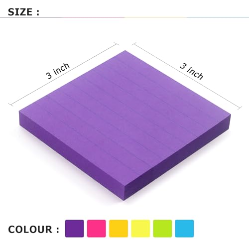 Eastern Wolf 6 Pads Lined Sticky Notes 3x3 Sticky Notes with Lines Self-Stick Note Pads 6 Bright Multi Colors,100 Sheet/Pad - Image 3