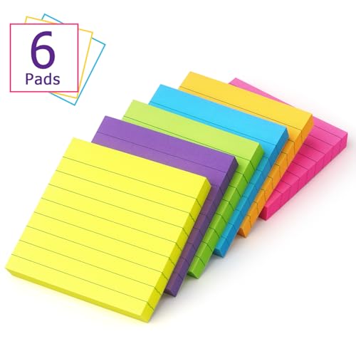 Eastern Wolf 6 Pads Lined Sticky Notes 3x3 Sticky Notes with Lines Self-Stick Note Pads 6 Bright Multi Colors,100 Sheet/Pad - Image 2