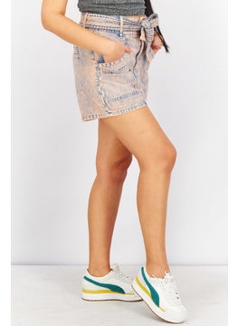 Women Washed Belted Denim Short, Dusty Blue